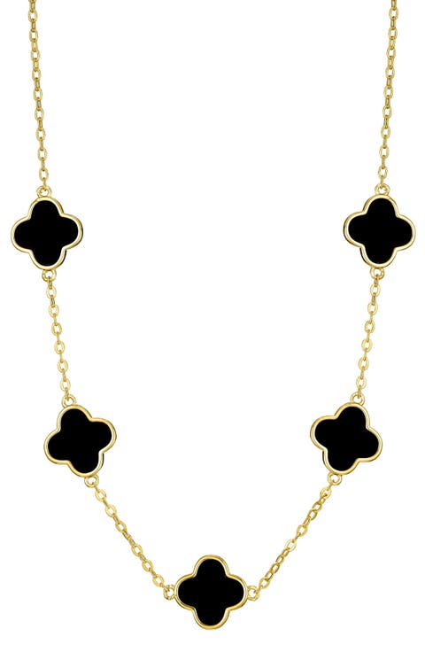 Black Enamel Clover Station Chain Necklace