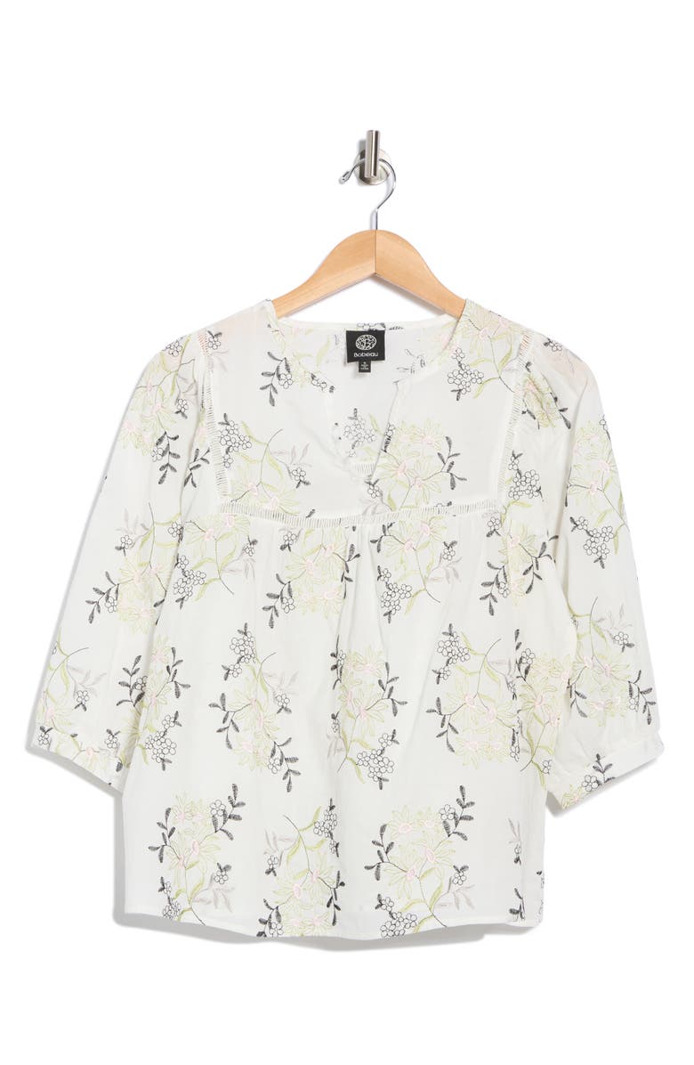 Bobeau Floral Embroidered Cotton Top, Alternate, color, Ivory/ Green Floral