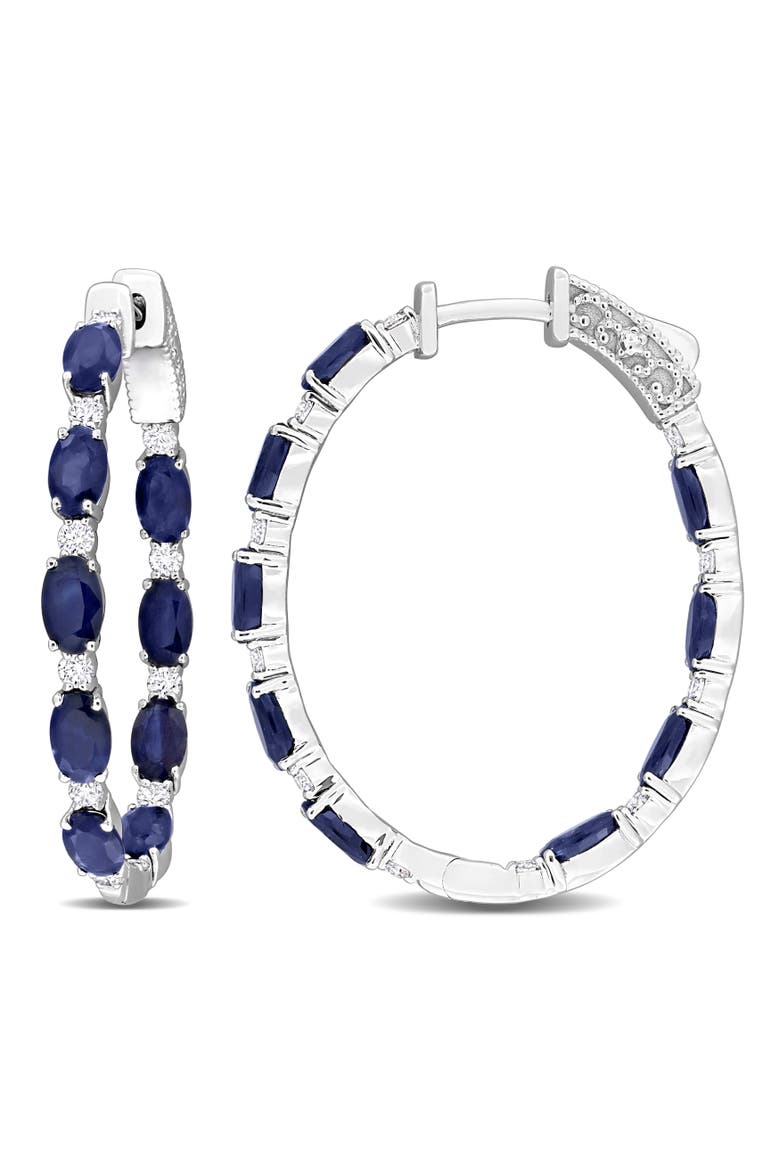 Blue Sapphire & Diamond Hoop Earrings 14K, Main, color, Sapphire