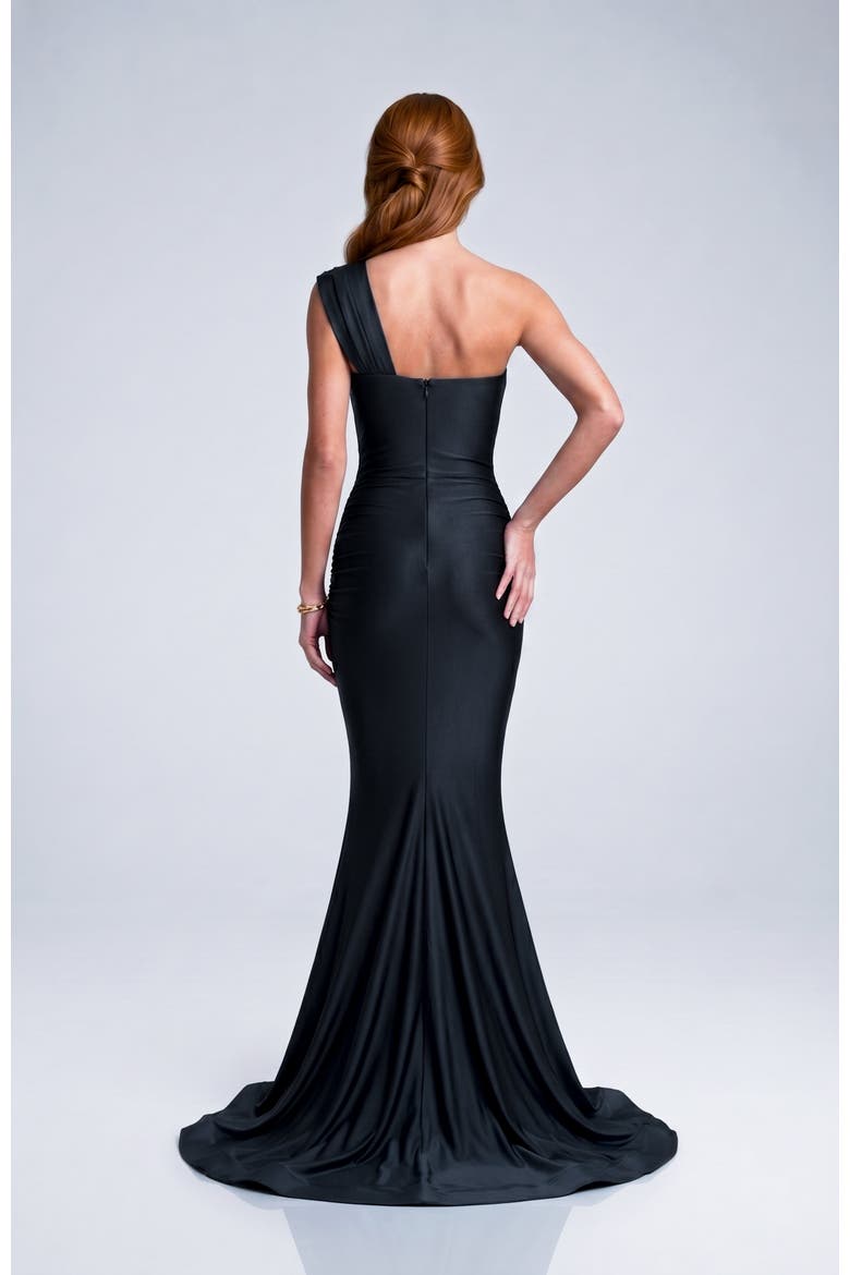 Strapless Layered Tulip Bodice Mermaid Evening Gown, Alternate, color, Black