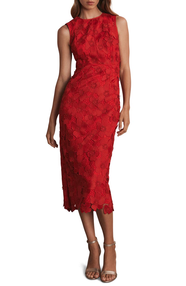 MINT VELVET Lace Shift Midi Dress, Main, color, Red