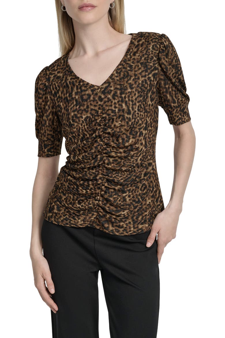 Print Ruched Puff Sleeve Top, Main, color, COMPACT CHEETAH