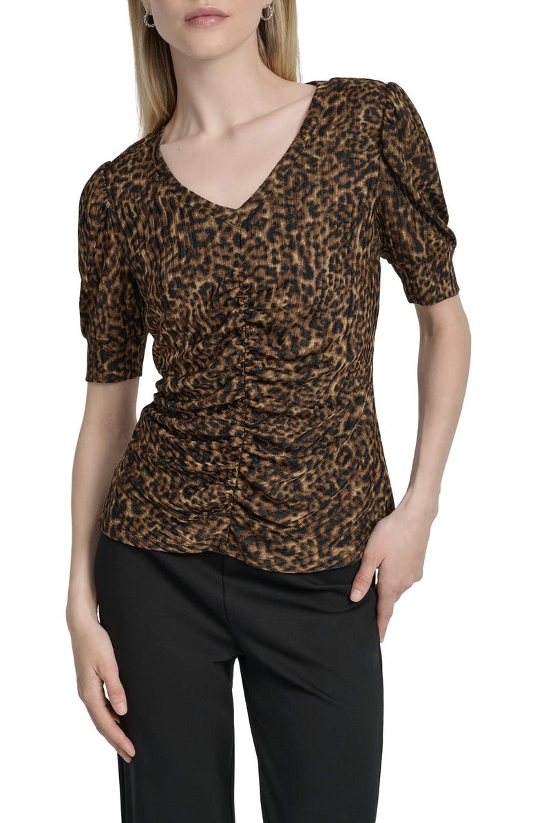 DKNY Print Ruched Puff Sleeve Top, Main, color, Compact Cheetah