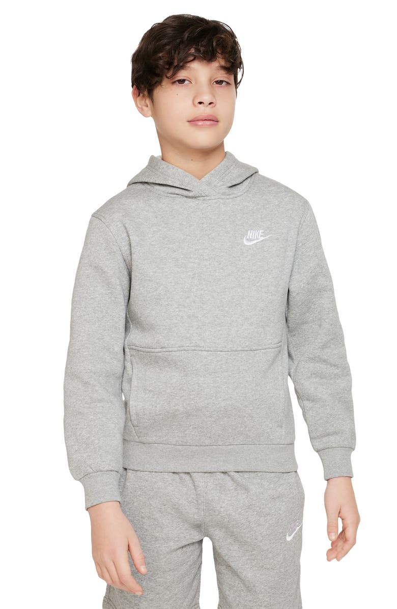 Nike Kids' Club Fleece Hoodie, Main, color, 063 Dk Grey Heather/White