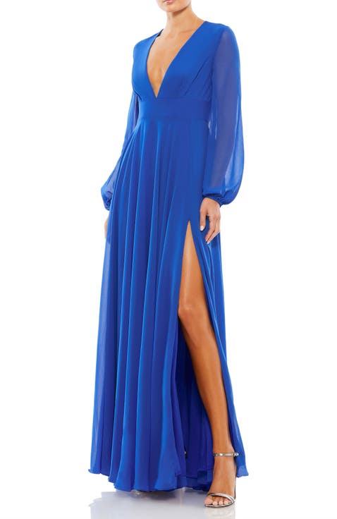 V-Neck Illusion Long Sleeve Chiffon Gown