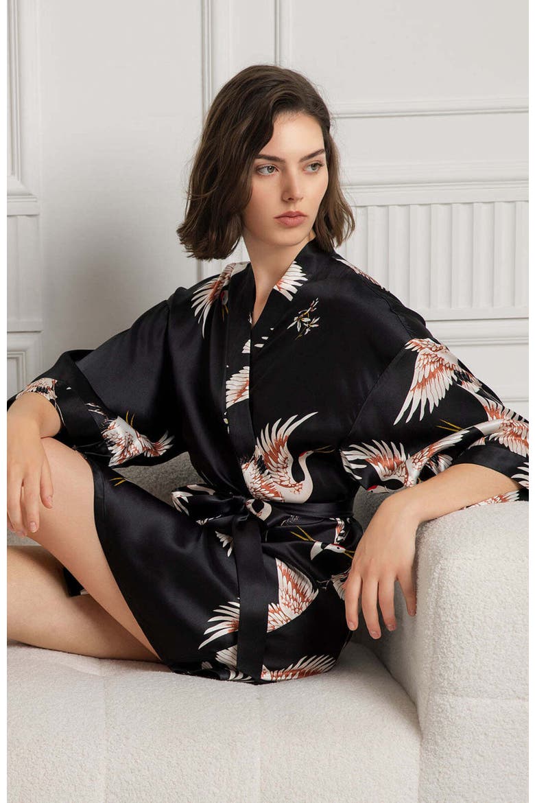 19Momme Pure Silk Printed Short Robe, Alternate, color, Black