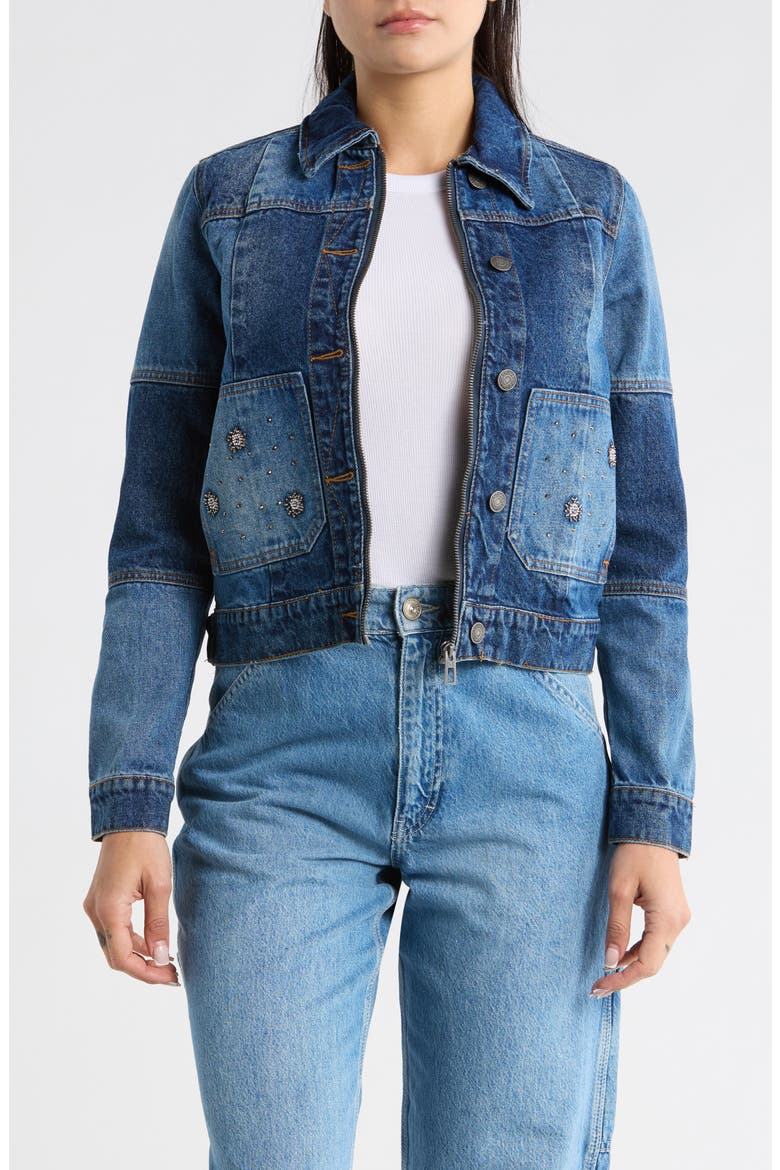 Beaded Denim Trucker Jacket, Main, color, MEDIUM BLUE