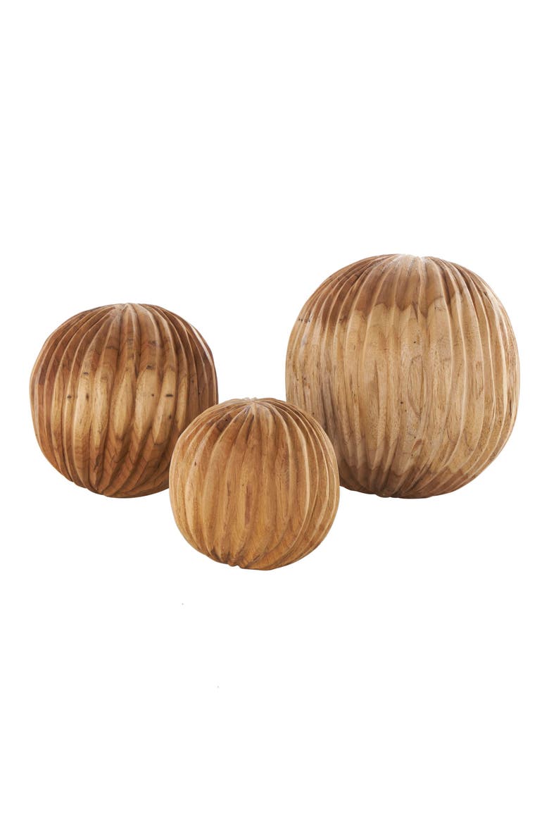 3-Piece Brown Teak Wood Decorative Orbs, Main, color, BROWN