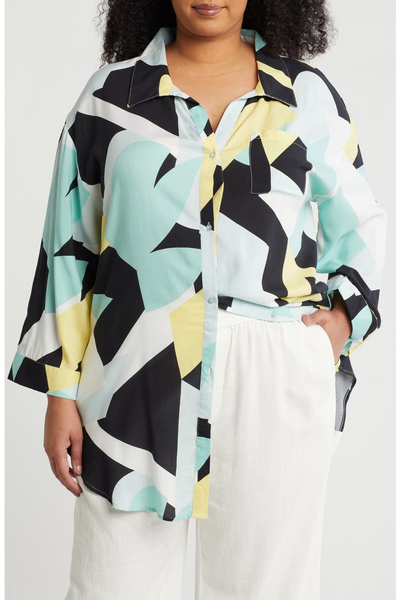Floral Button-Up Tunic, Main, color, YELLOW-AQUA PRINT