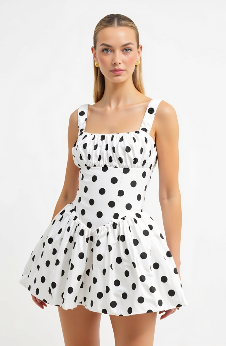 Modenaire Polka Dot Corset Drop Waist Mini Dress, Main, color, White / Black Polka Dot