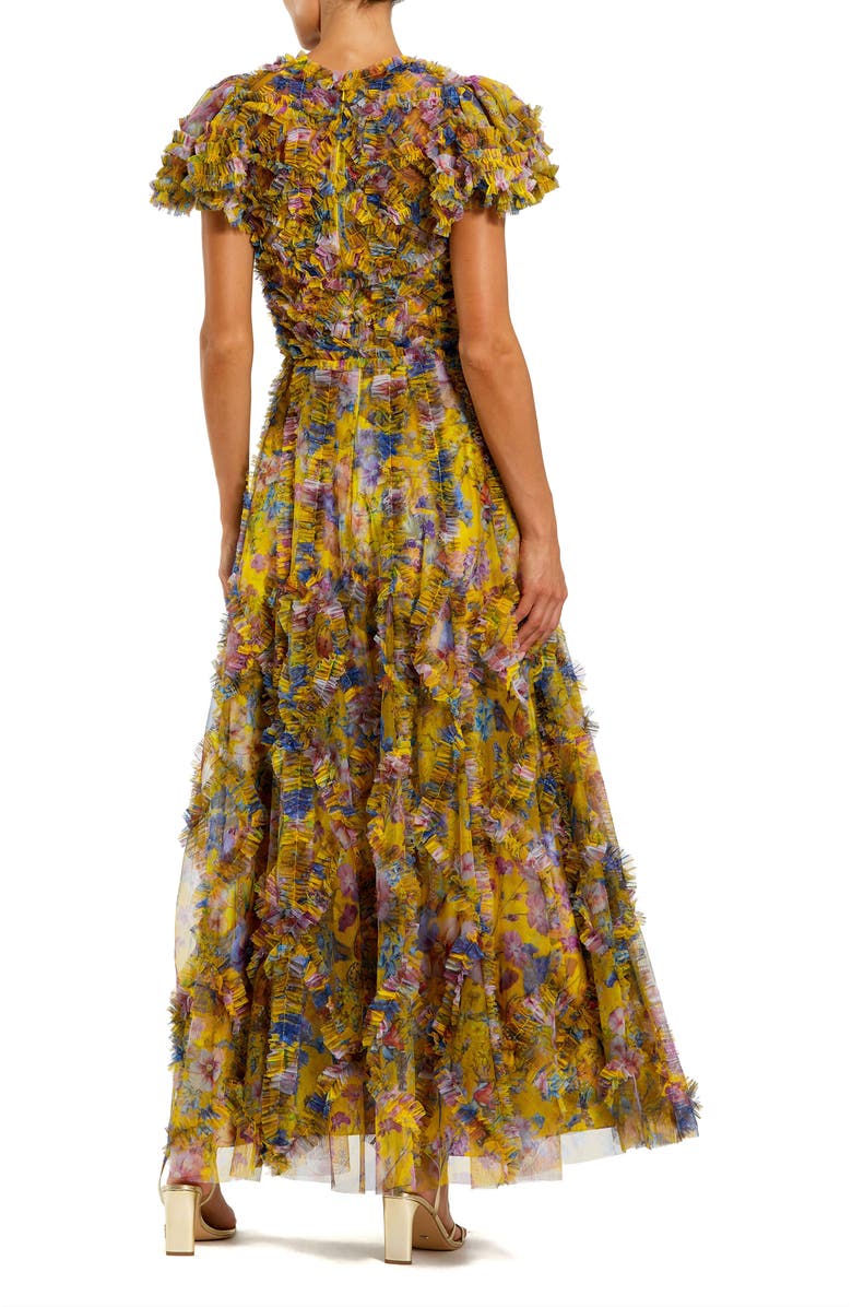 Mac Duggal Micro Ruffle Floral Maxi Dress with Textured Detail, Alternate, color, Yellow Multi