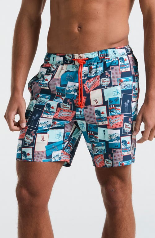 Original Penguin 7 Volley All Over Print Postcard Swim Trunk In Blue