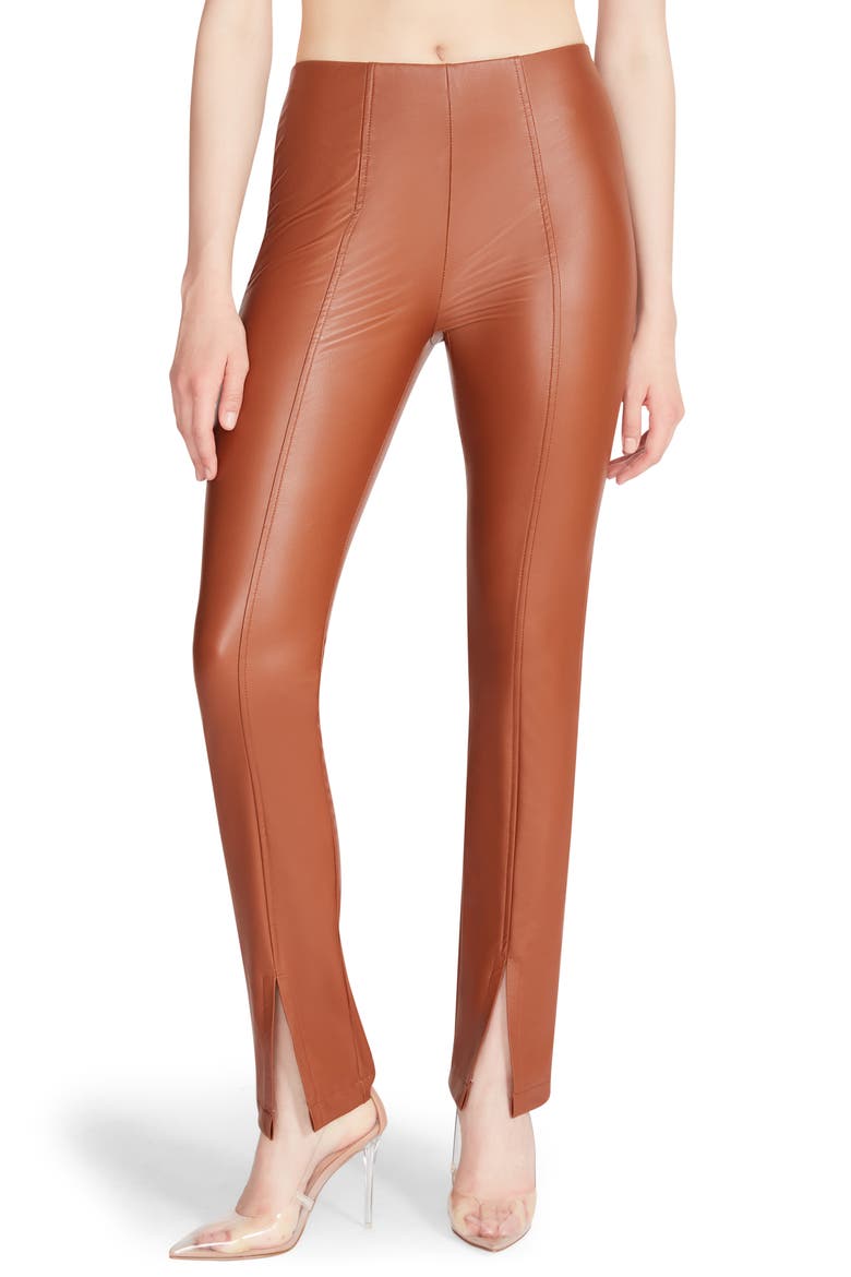 Anastasia Split Hem Faux Leather Leggings, Alternate, color, COGNAC