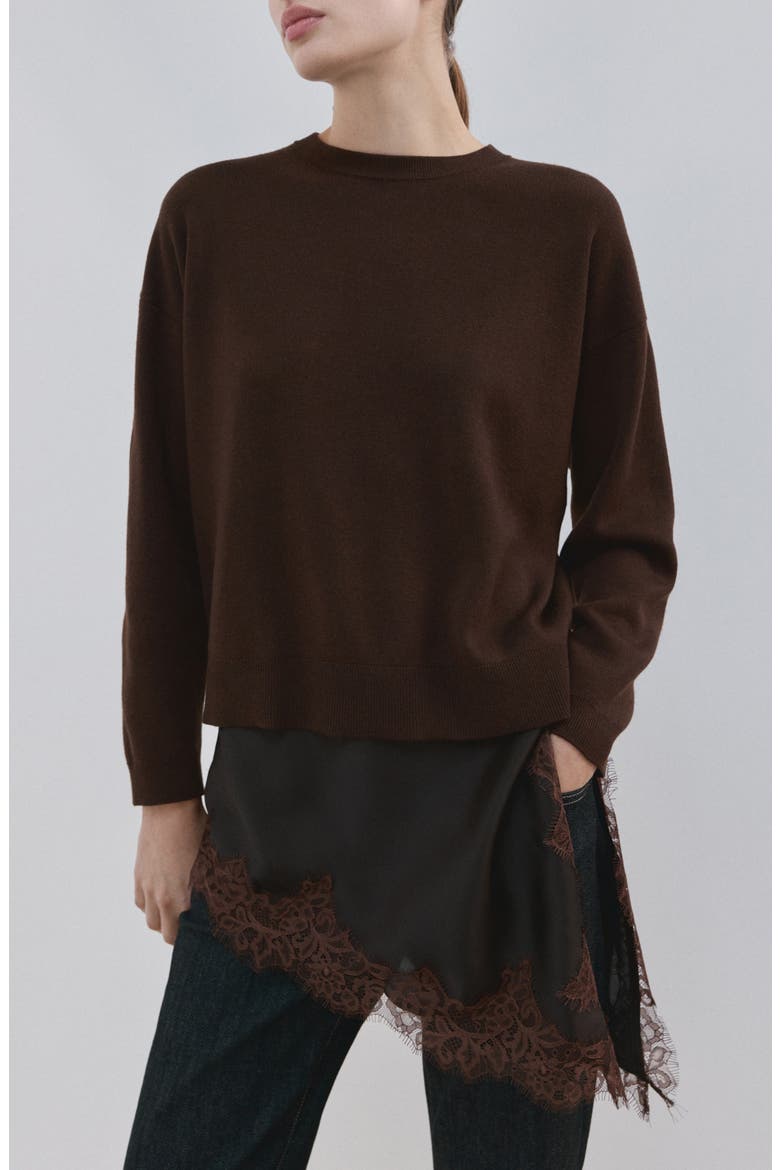 Mixed Media Asymmetric Hem Lace Trim Sweater, Main, color, CHOCOLATE