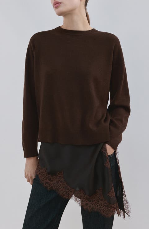 Mixed Media Asymmetric Hem Lace Trim Sweater