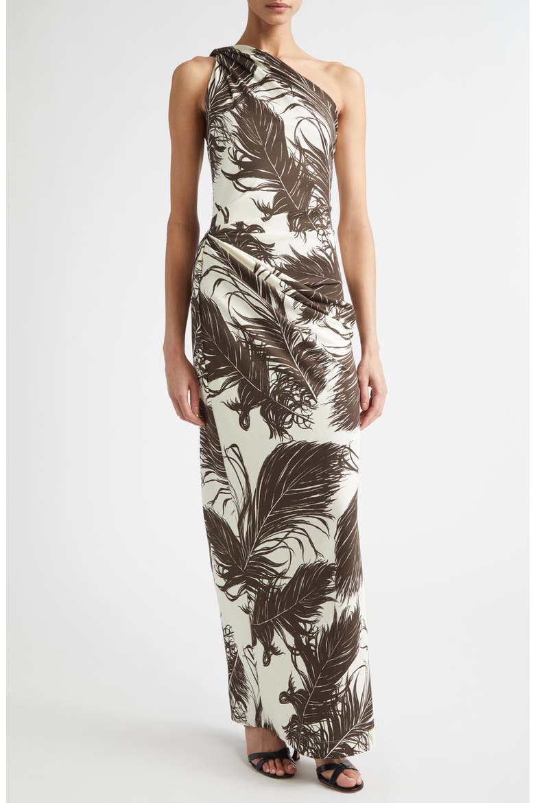 Feather Print One Shoulder Dress, Main, color, DARK BROWN/ ECRU