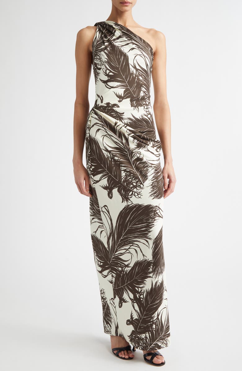Oscar de la Renta Feather Print One Shoulder Dress, Main, color, Dark Brown/ Ecru