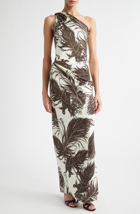 Feather Print One Shoulder Dress