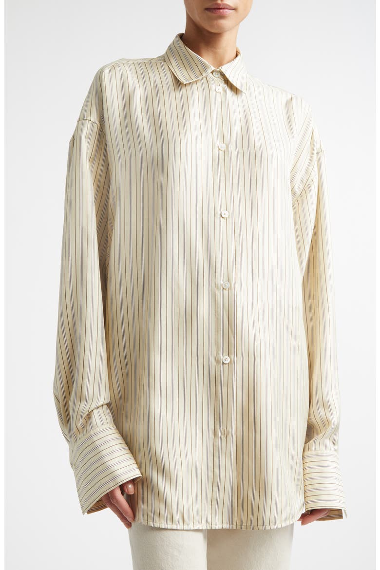 Oversize Stripe Silk Button-Up Shirt, Alternate, color, BEIGE/ BROWN