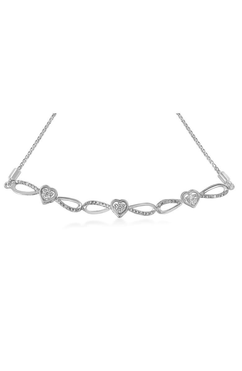 Haus of Brilliance Silver 1/10 Cttw Diamond Triple Heart-in-Infinity Bolo Style Adjustable Bracelet, Alternate, color, White