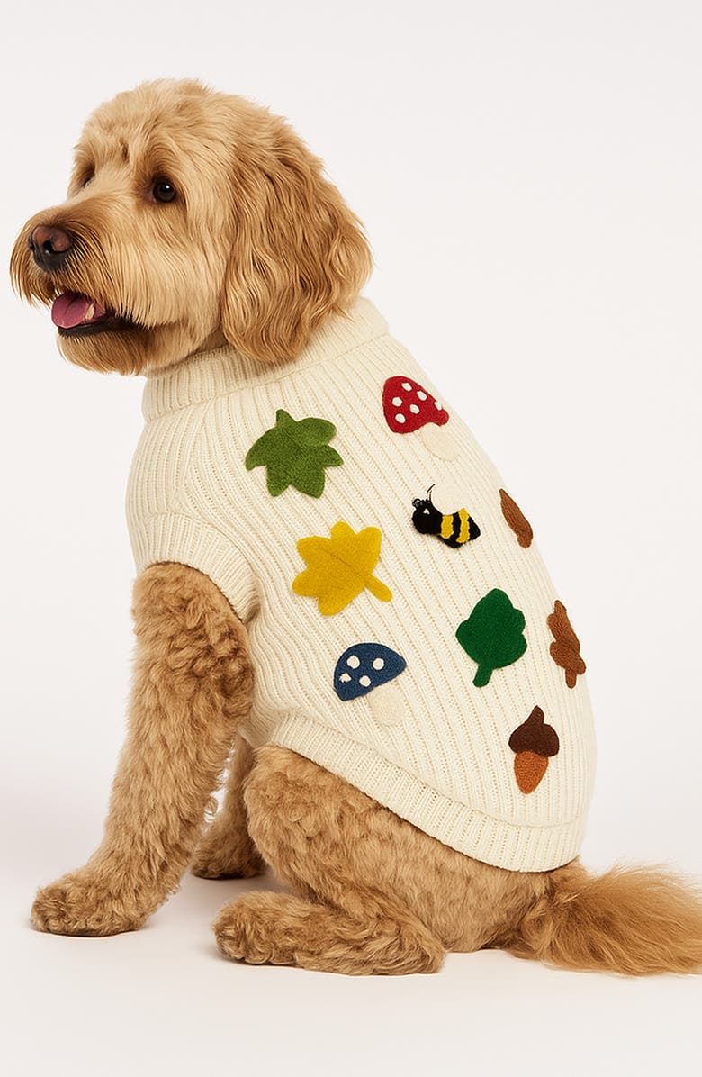 Found My Animal Fall Leaves 3D Icon Rib Dog Sweater, Alternate, color, Cream