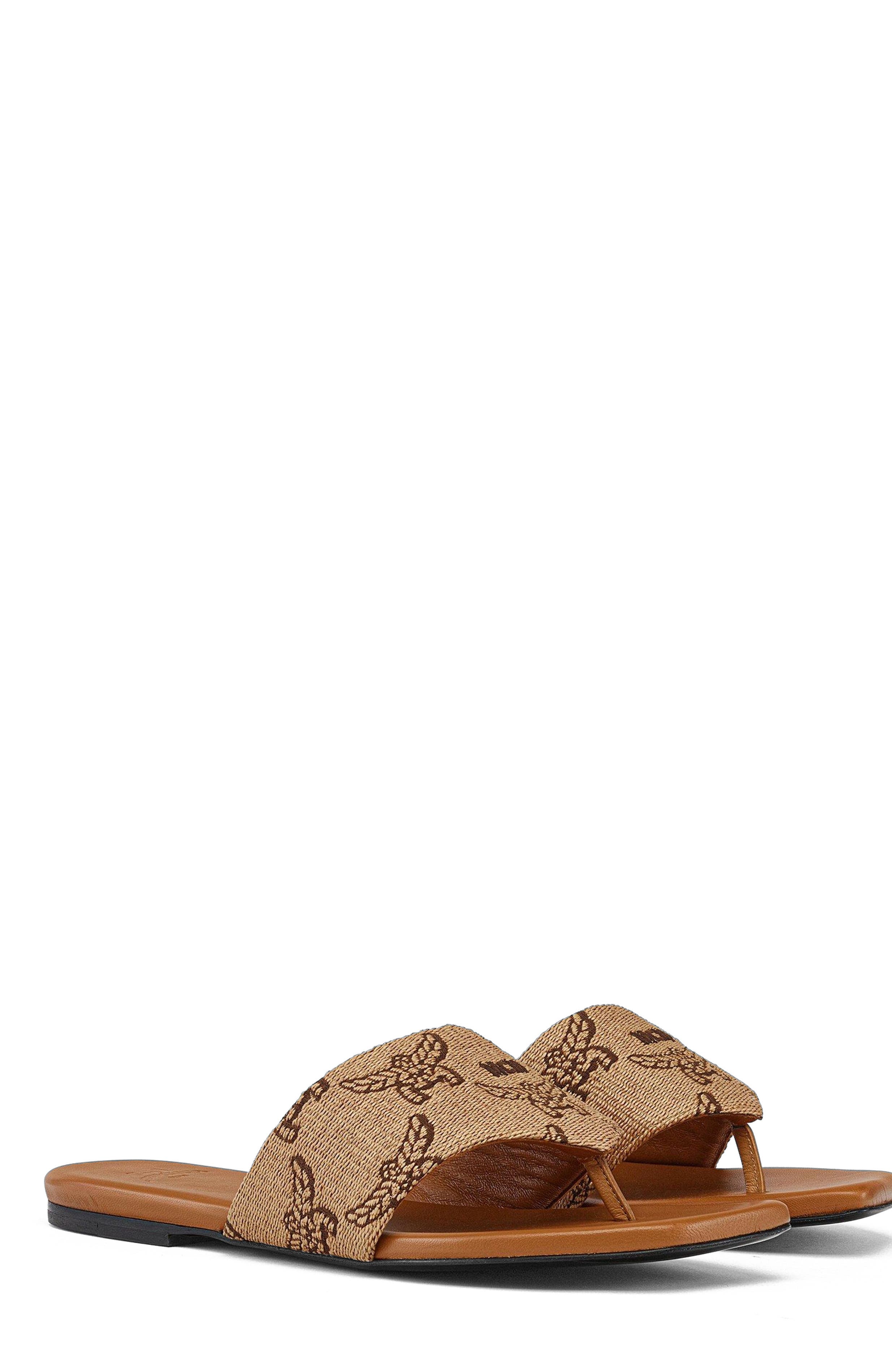 MCM Flat Sandals in Lauretos Raffia Jacquard, Main, color, 