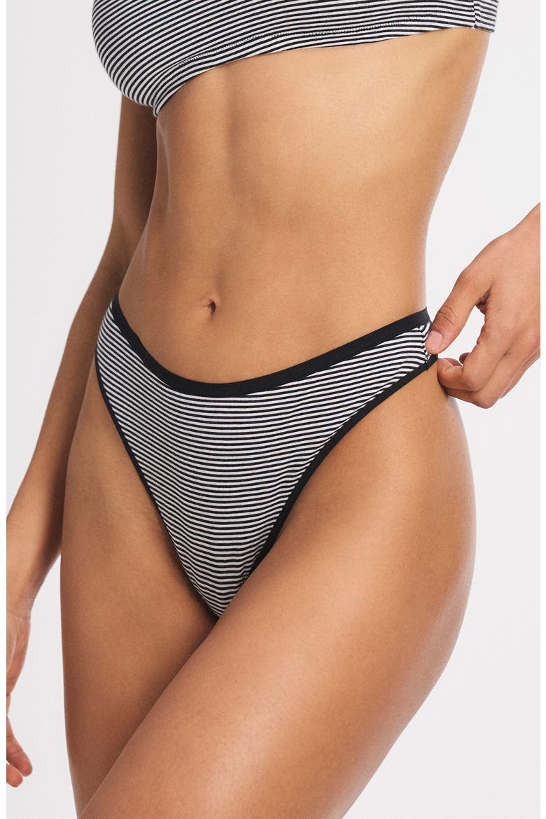 Stretch Cotton Essentials Thong, Alternate, color, BLACK CAVIAR STRIPE UP
