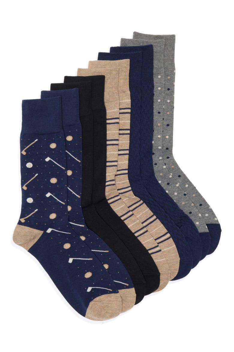 Conversational Golf 5-Pack Assorted Crew Socks, Main, color, NAVY GOLF BEIGE MULTI