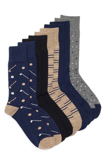 NORDSTROM RACK Conversational Golf 5-Pack Assorted Crew Socks in Navy Golf Beige Multi at Nordstrom Rack
