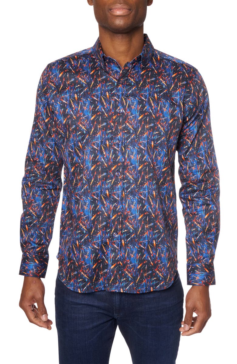 Robert Graham Interstellar Rocket Print Cotton Button-Up Shirt, Main, color, 