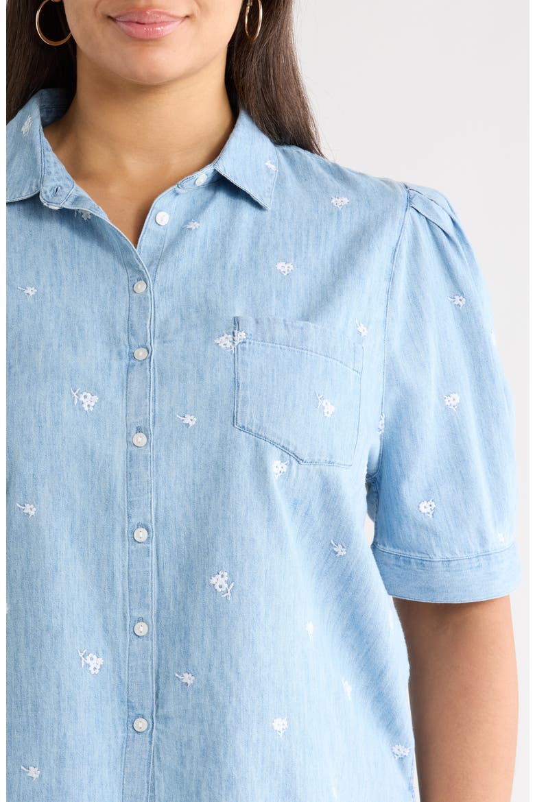 Embroidered Short Sleeve Chambray Shirt, Alternate, color, LIGHT WASH