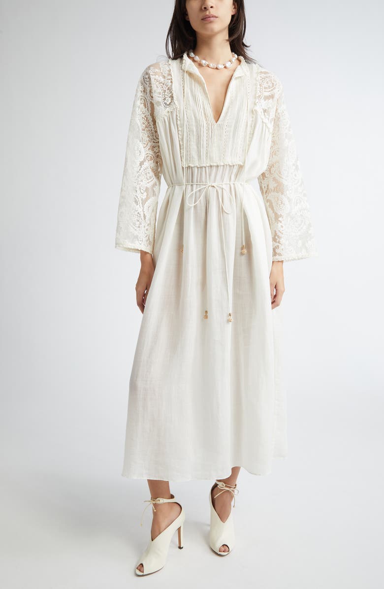 Zimmermann Ascension Lace Trim Tie Waist Midi Dress, Alternate, color, Cream