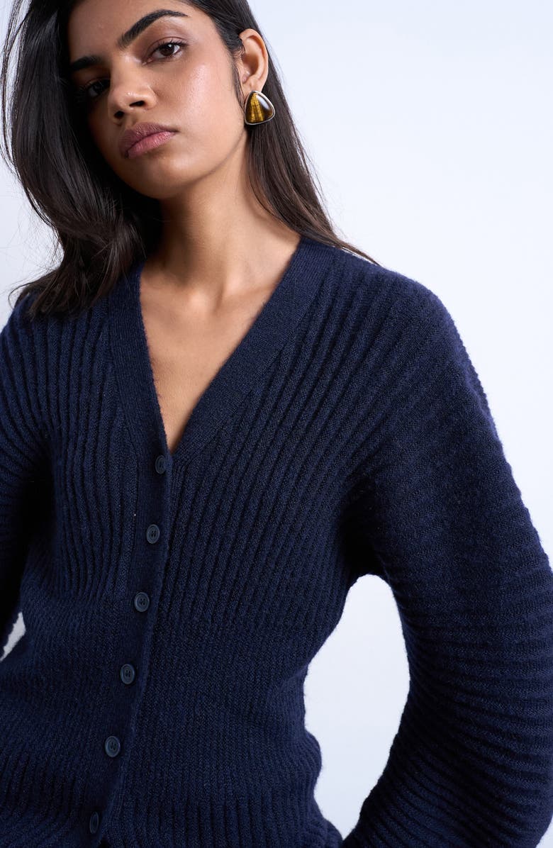 Topshop Ovoid Cinch Cardigan, Alternate, color, Navy