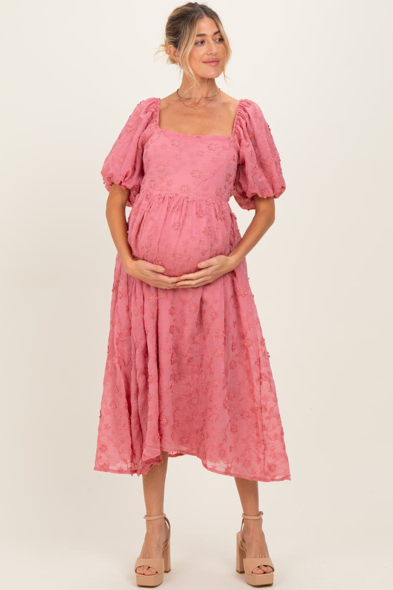 Embroidered Floral Puff Sleeve Midi Dress, Main, color, Mauve