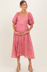 PinkBlush Embroidered Floral Puff Sleeve Midi Dress