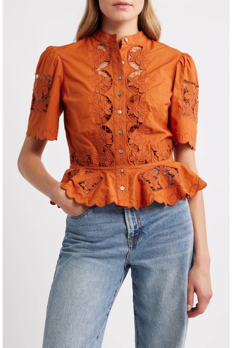 Elizabeth Openwork Lace Short Sleeve Button-Up Shirt, Main, color, CINNAMON