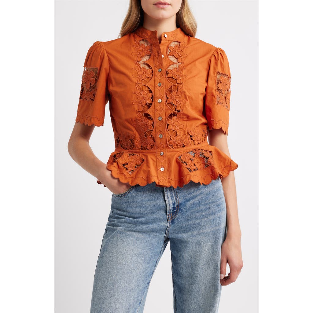 LOVE THE LABEL Elizabeth Openwork Lace Short Sleeve Button-Up Shirt in Cinnamon  product