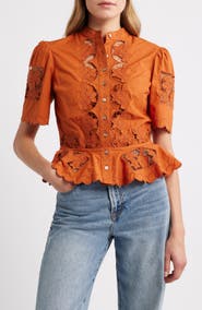 LOVE THE LABEL Elizabeth Openwork Lace Short Sleeve Button-Up Shirt