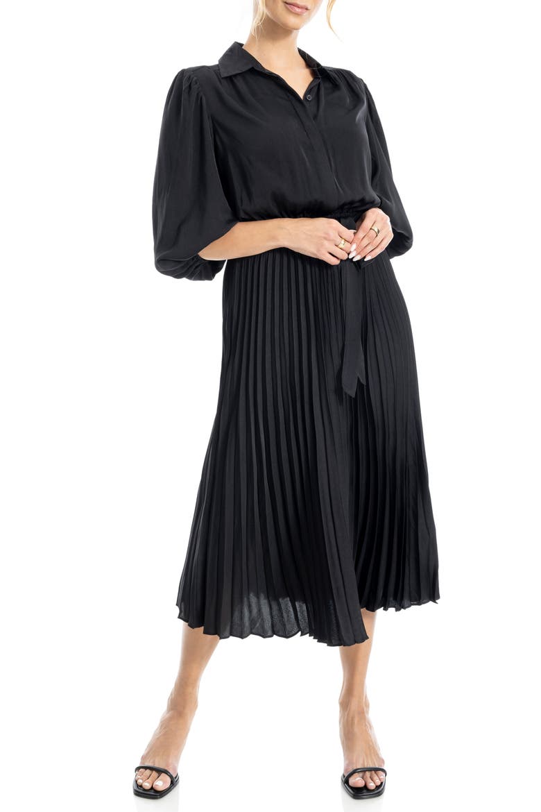 Three-Quarter Sleeve Satin Midi Shirtdress, Alternate, color, BLACK