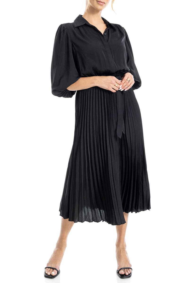 MAX STUDIO Three-Quarter Sleeve Satin Midi Shirtdress, Alternate, color, Black