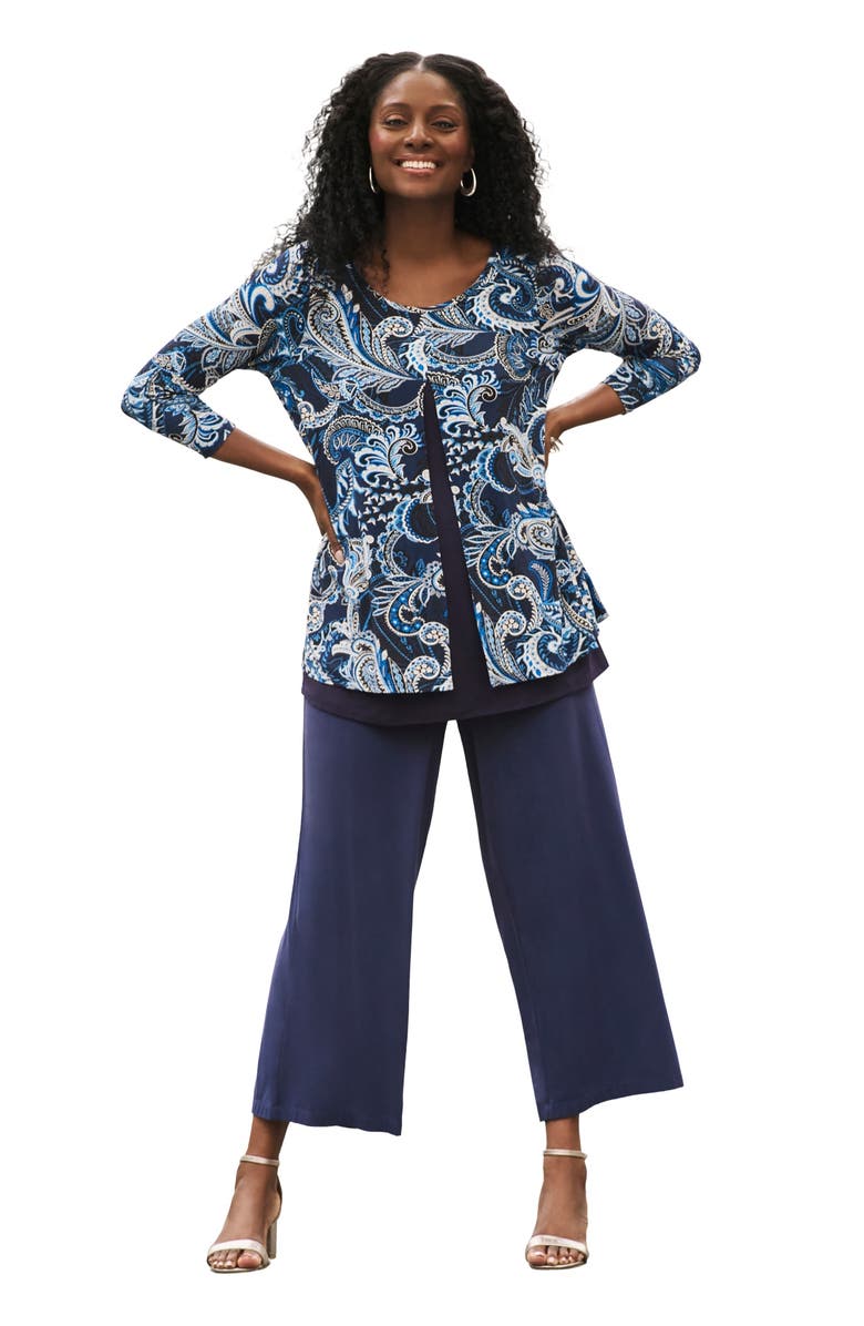 Jessica London Crew Neck Double Layered Tunic, Main, color, Black White Garden Paisley