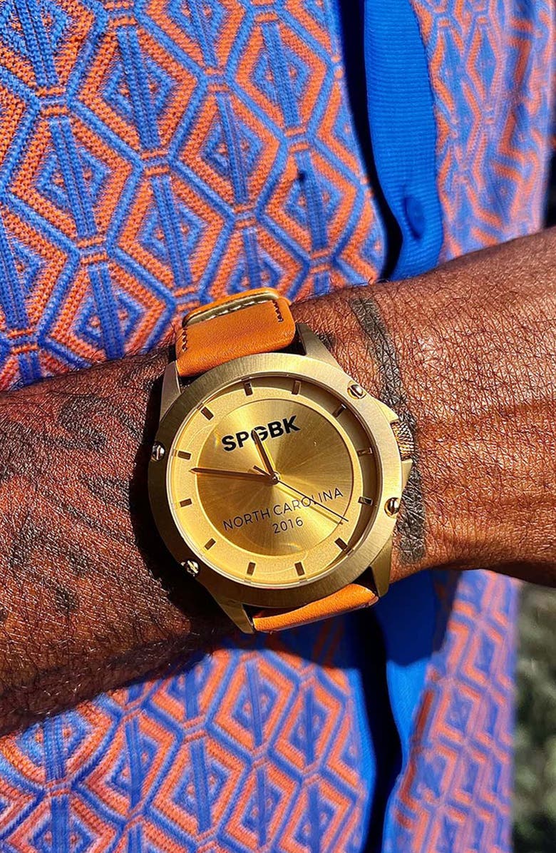 SPGBK Watches Ferguson Leather Strap Watch, 44mm, Alternate, color, Gold