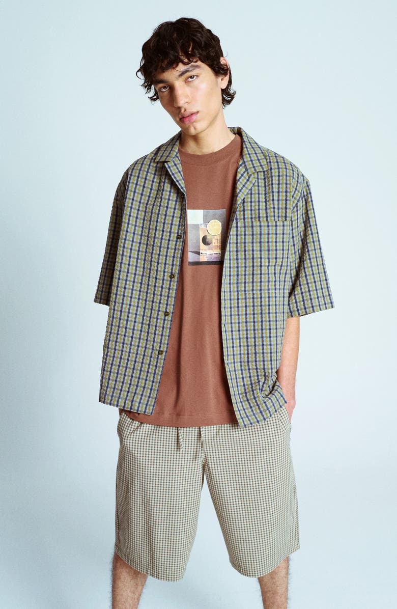 Topman Plaid Cotton Seersucker Button-Up Shirt, Main, color, Green Multi