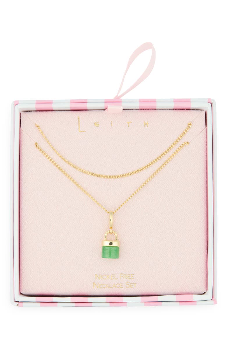 Leith Set of 2 Stone Lock Pendant Necklaces, Main, color, Green- Gold