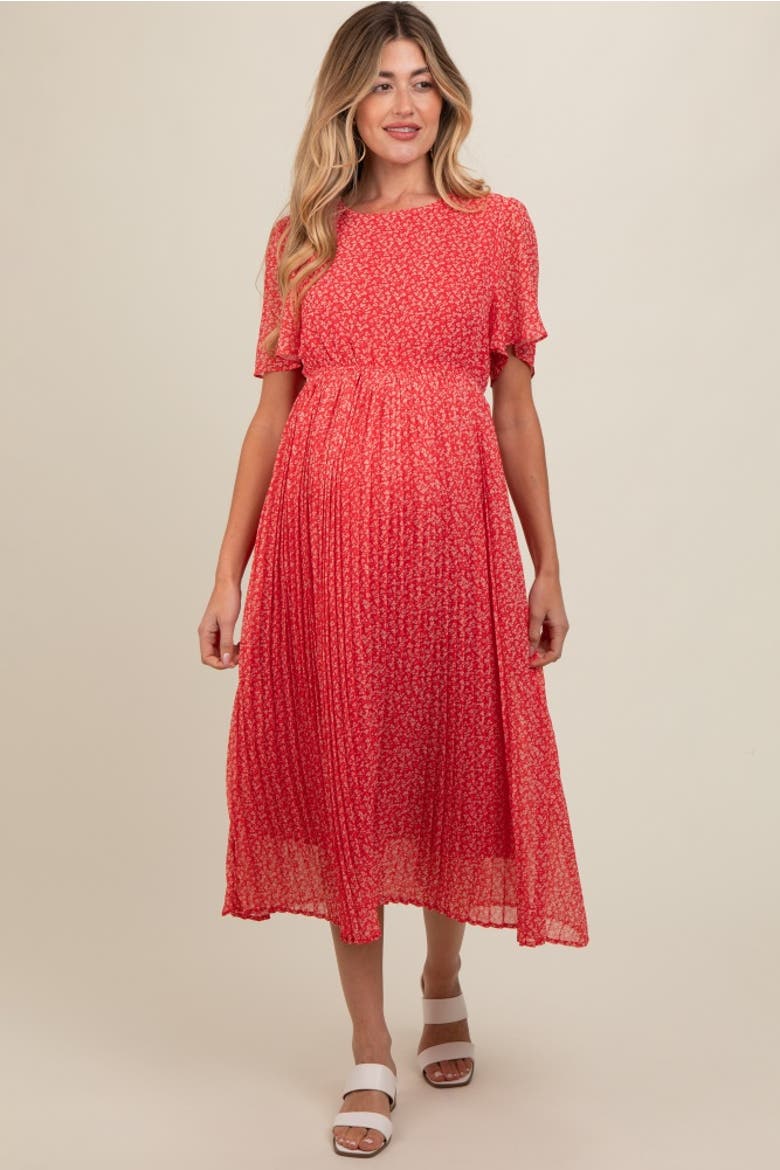 Floral Pleated Midi Dress, Alternate, color, Red