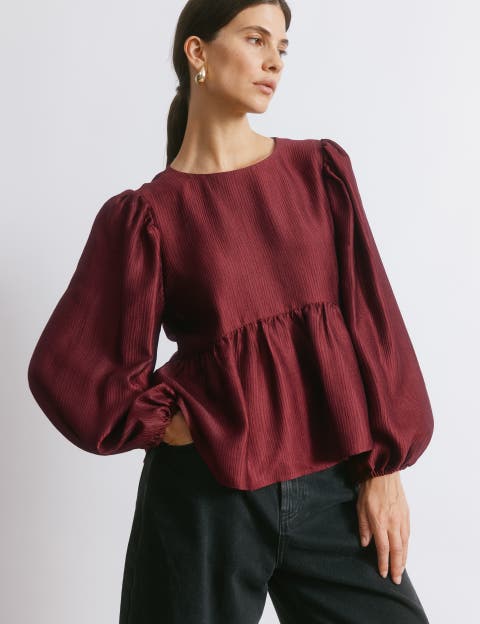 Crinkle Long Sleeve Satin Top
