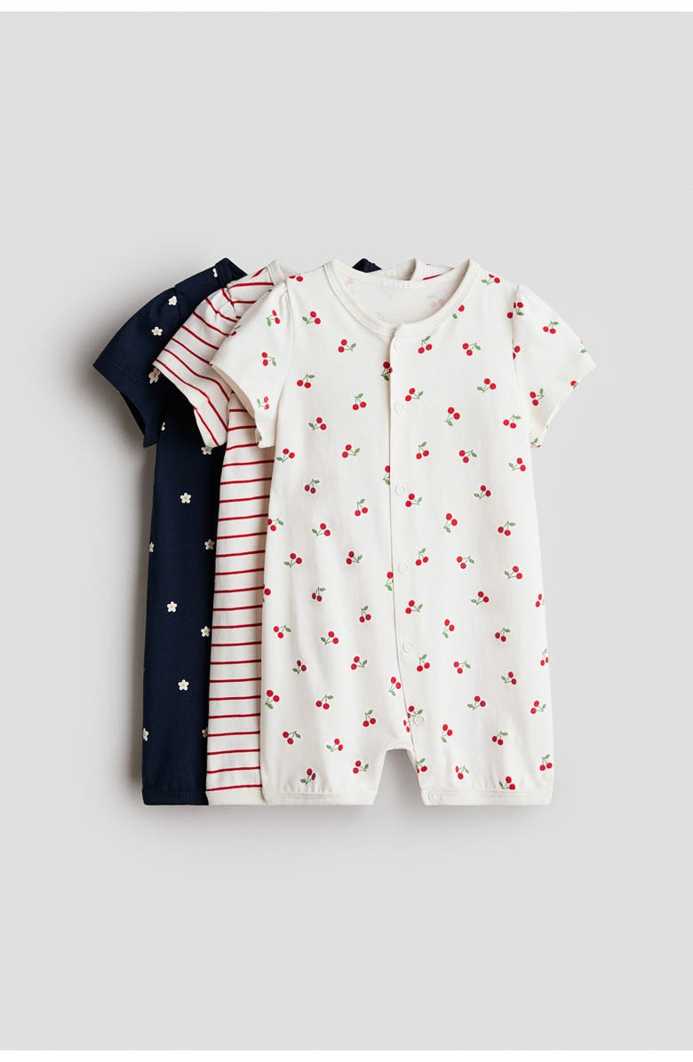 H&M 3-pack Short Cotton Sleepsuits, Main, color, Navy Blue/Cherries