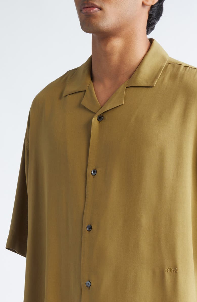 AMI PARIS Logo Embroidered Camp Shirt, Alternate, color, Bronze