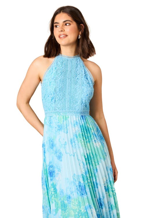 Oasis Printed Lace Mix Halterneck Midi Dress In Blue