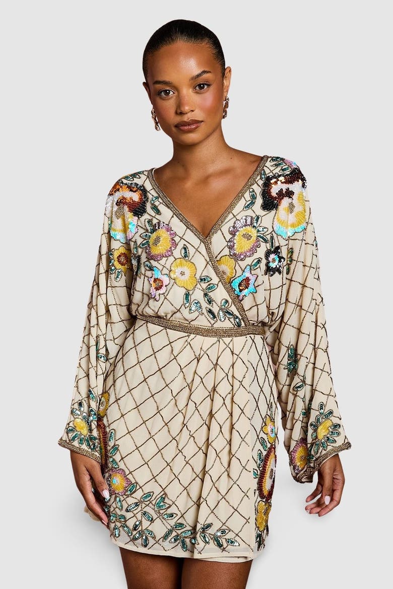 Petite Embellished Mini Dress, Main, color, Champagne
